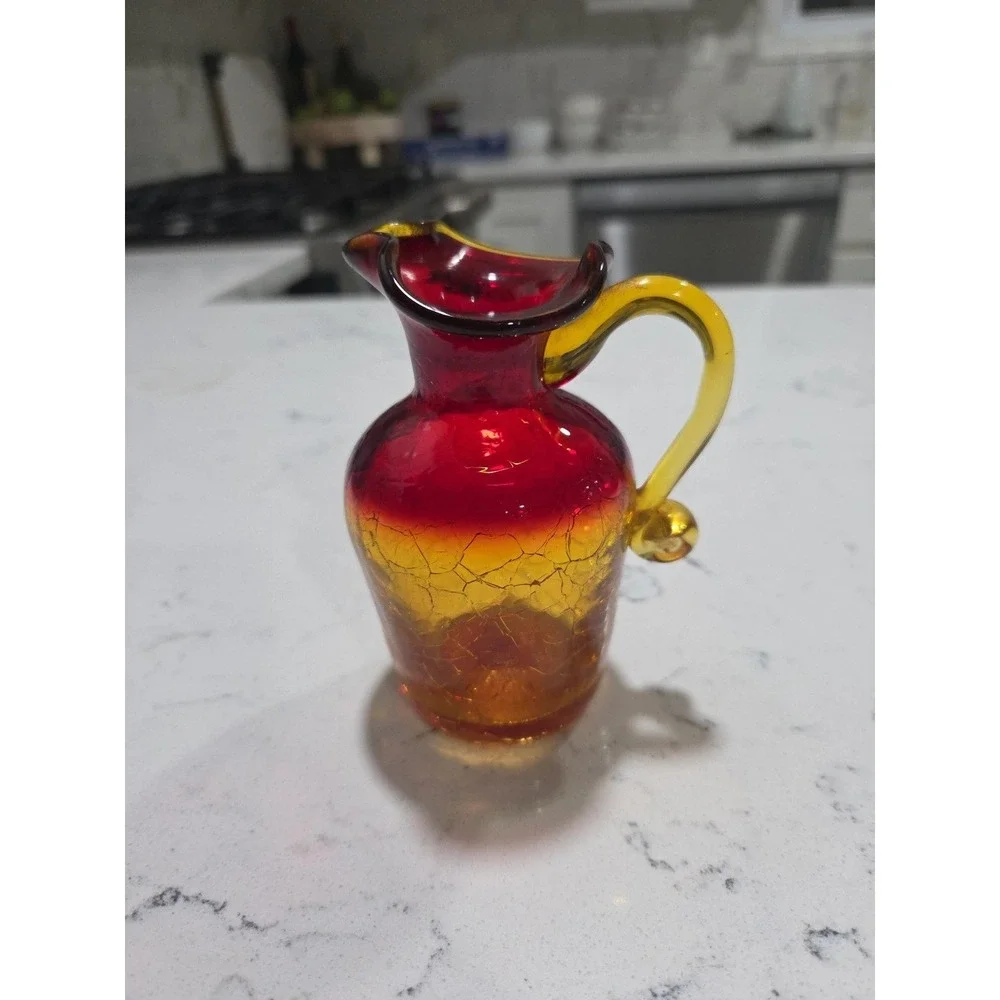 Blenko Amberina Crackle Art Glass Pitcher Oil Glowing Glass